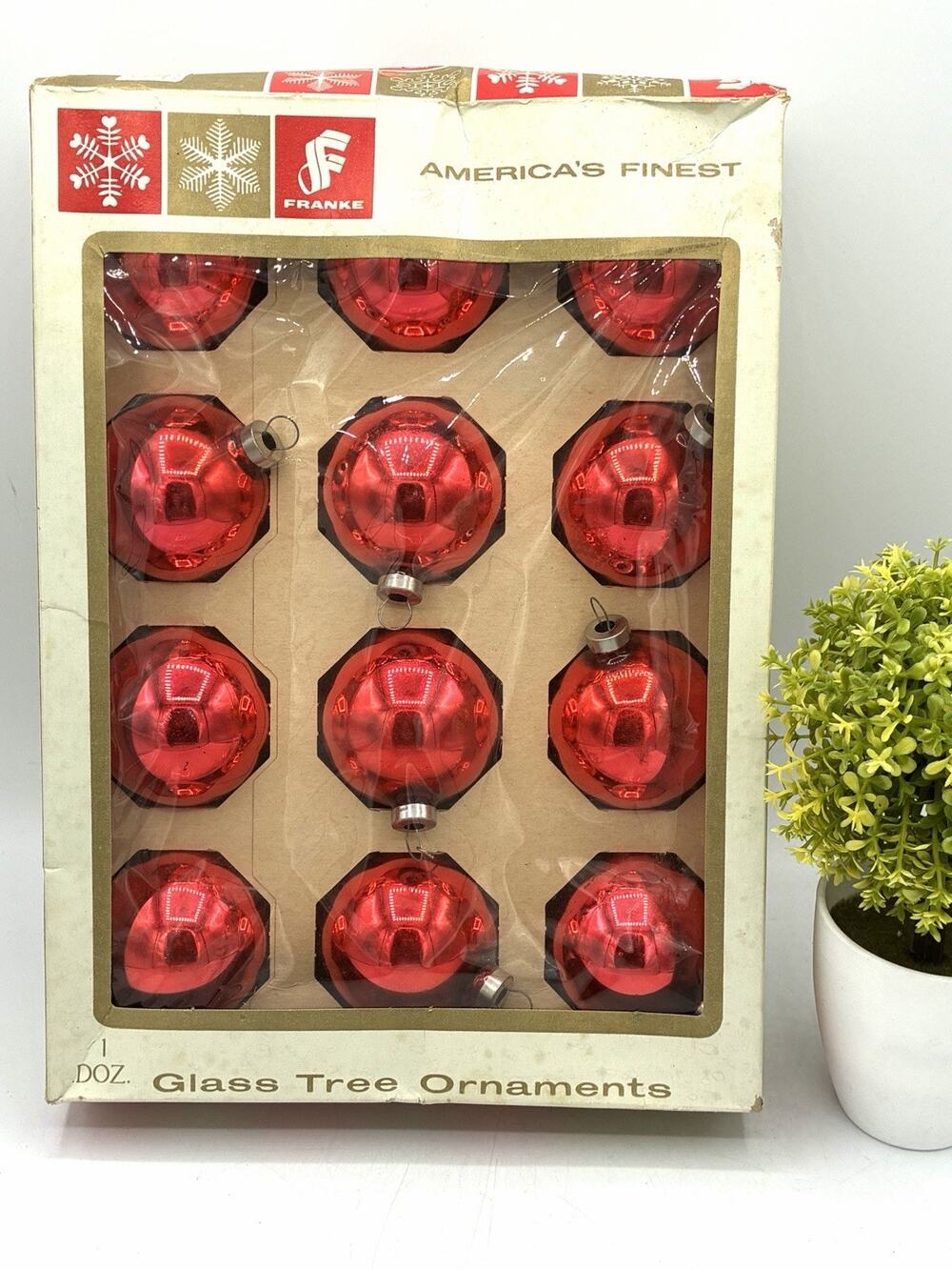 Vintage Franke Boxed Dozen Glass Christmas Ornaments, Red